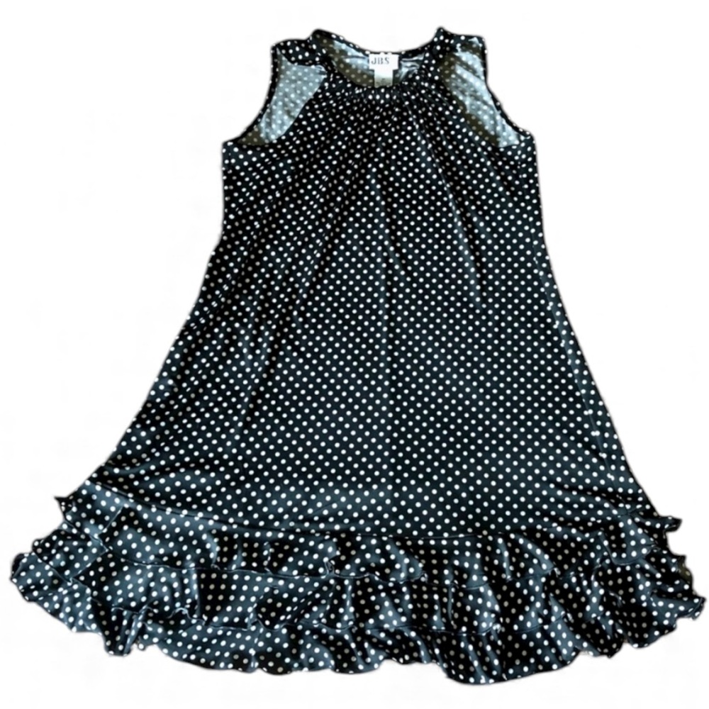 JBS Black White Polka Dot Dress Summer Sleeveless Babydoll Ruffle Hem 6P Petite